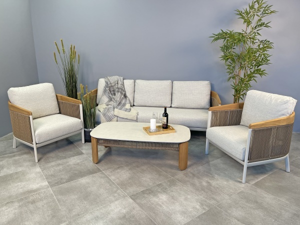 Bienno, комплект мебели с диваном, алюминий, белый Bienno-wh4 Алюминий Искусственный ротанг Искусственный камень Тик  Bienno, комплект мебели с диваном, алюминий, белый